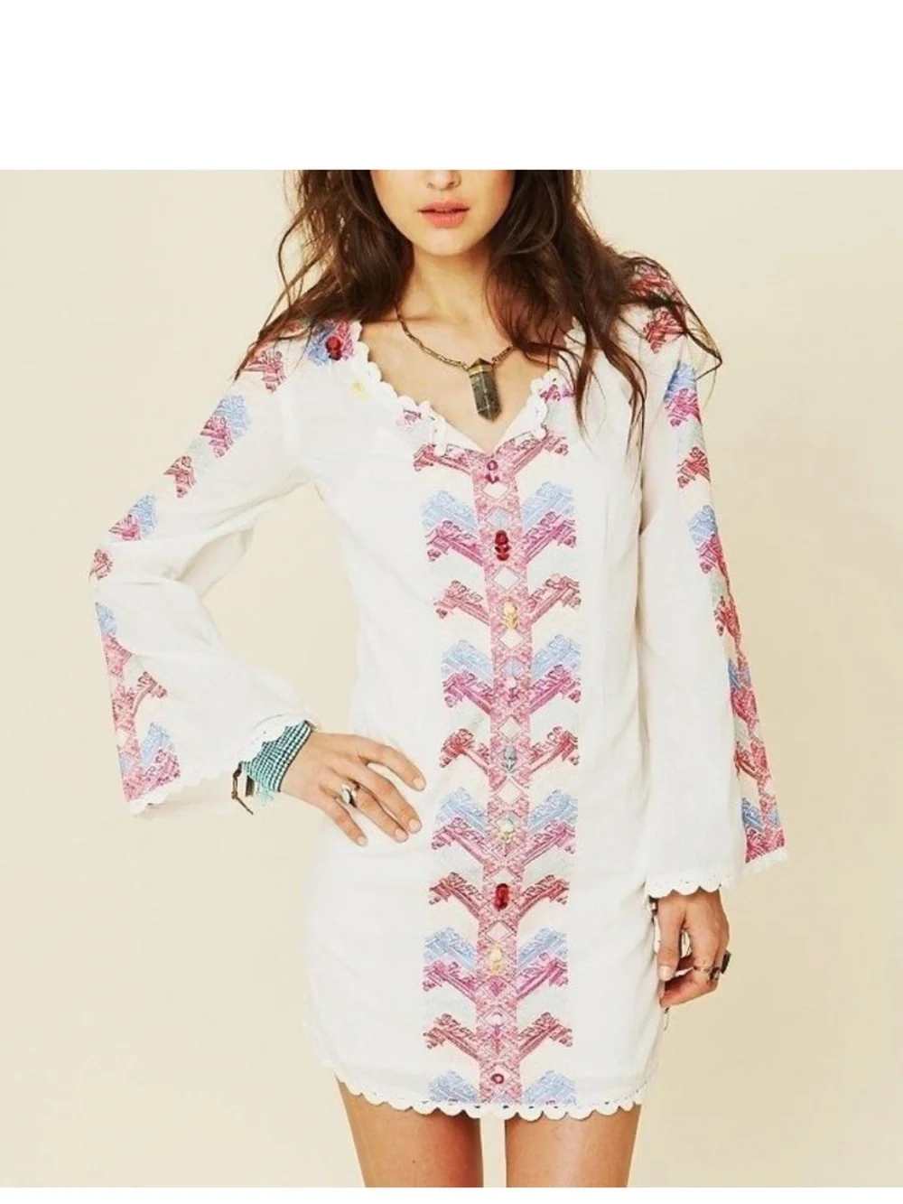 Free People Misty Meadow Embroidered flare sleeve Boho Dress size 4